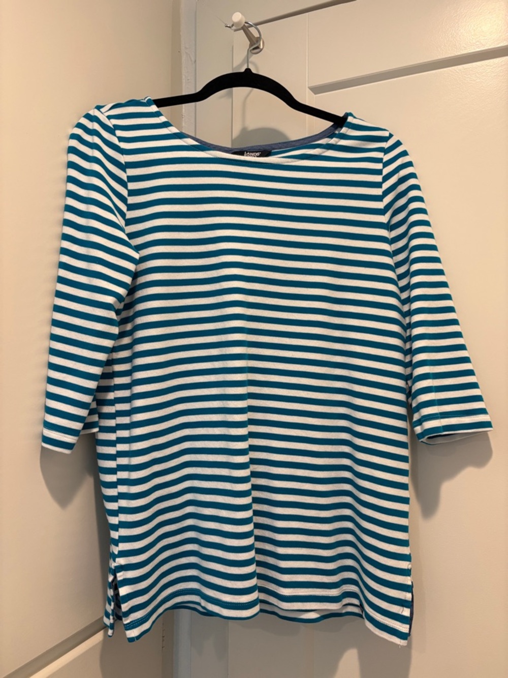 Lands' End Teal and White Striped Boatneck Top